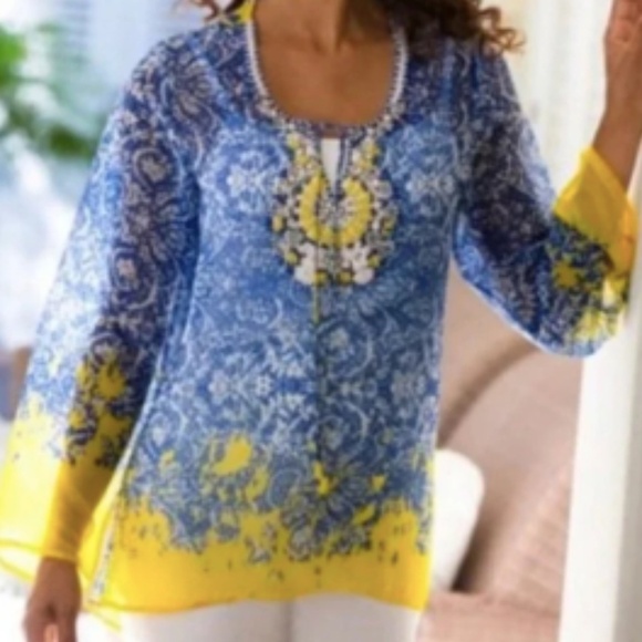 Soft Surroundings Bohemian Beaded Blue Yellow Sheer Bell Sleeve Peasant Top XLP - Picture 1 of 15